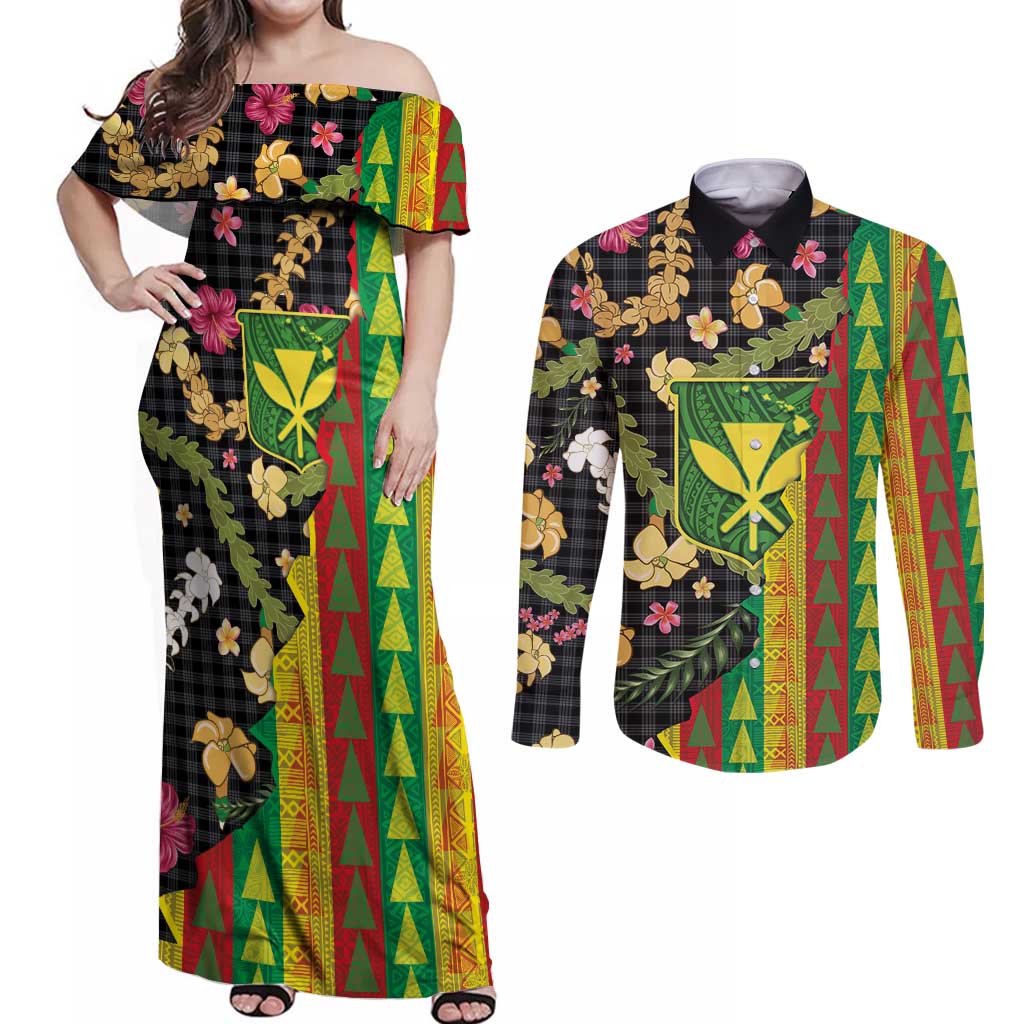 Hawaiian Tropical Plants Lei Couples Matching Off Shoulder Maxi Dress and Long Sleeve Button Shirt Kanaka Maoli Tribal with Palaka Motifs LT03 Multicolor - Polynesian Pride