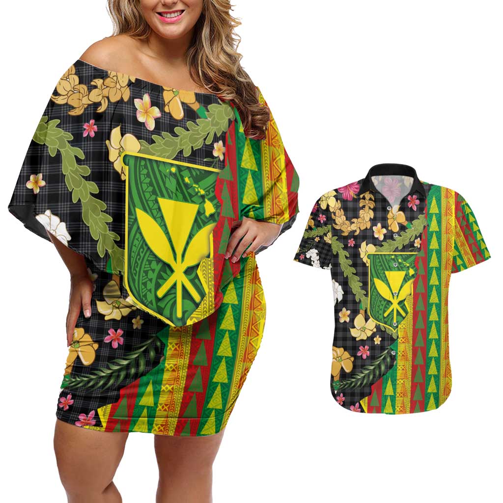 Hawaiian Tropical Plants Lei Couples Matching Off Shoulder Short Dress and Hawaiian Shirt Kanaka Maoli Tribal with Palaka Motifs - Polynesian Pride