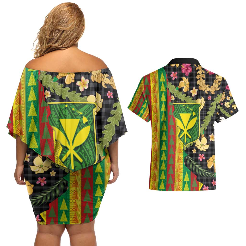Hawaiian Tropical Plants Lei Couples Matching Off Shoulder Short Dress and Hawaiian Shirt Kanaka Maoli Tribal with Palaka Motifs - Polynesian Pride