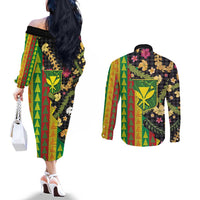 Hawaiian Tropical Plants Lei Couples Matching Off The Shoulder Long Sleeve Dress and Long Sleeve Button Shirt Kanaka Maoli Tribal with Palaka Motifs - Polynesian Pride