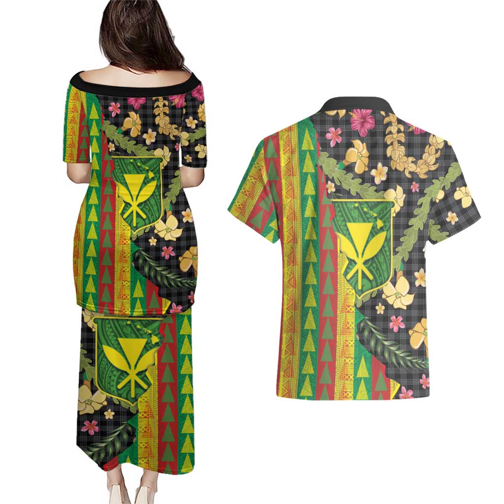 Hawaiian Tropical Plants Lei Couples Matching Puletasi and Hawaiian Shirt Kanaka Maoli Tribal with Palaka Motifs - Polynesian Pride