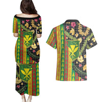 Hawaiian Tropical Plants Lei Couples Matching Puletasi and Hawaiian Shirt Kanaka Maoli Tribal with Palaka Motifs - Polynesian Pride