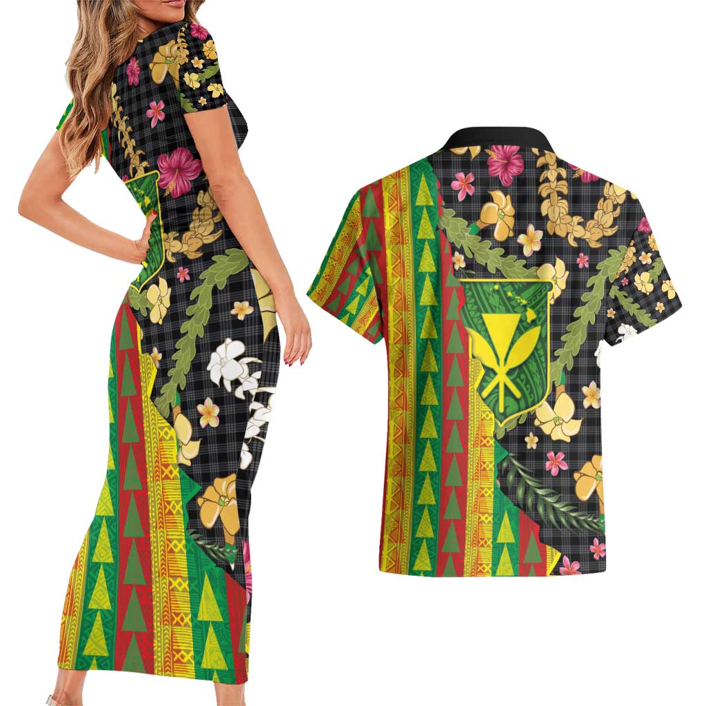Hawaiian Tropical Plants Lei Couples Matching Short Sleeve Bodycon Dress and Hawaiian Shirt Kanaka Maoli Tribal with Palaka Motifs - Polynesian Pride