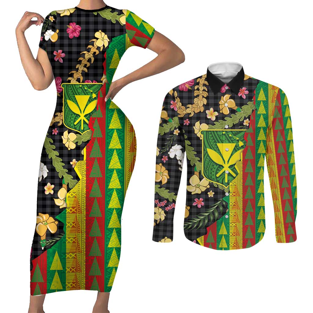 Hawaiian Tropical Plants Lei Couples Matching Short Sleeve Bodycon Dress and Long Sleeve Button Shirt Kanaka Maoli Tribal with Palaka Motifs LT03 Multicolor - Polynesian Pride
