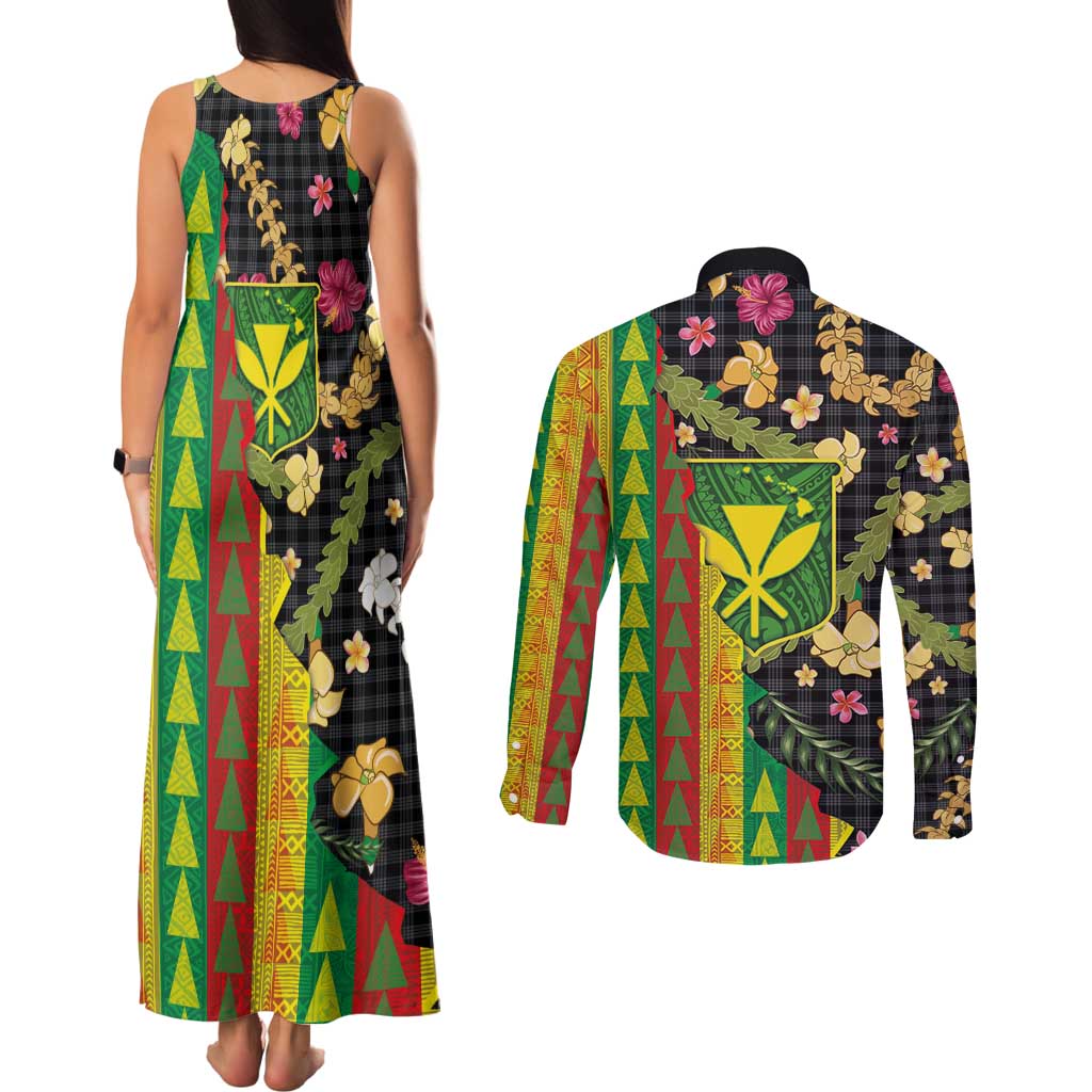Hawaiian Tropical Plants Lei Couples Matching Tank Maxi Dress and Long Sleeve Button Shirt Kanaka Maoli Tribal with Palaka Motifs - Polynesian Pride