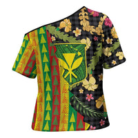 Hawaiian Tropical Plants Lei Cross Shoulder Shirt Kanaka Maoli Tribal with Palaka Motifs - Polynesian Pride