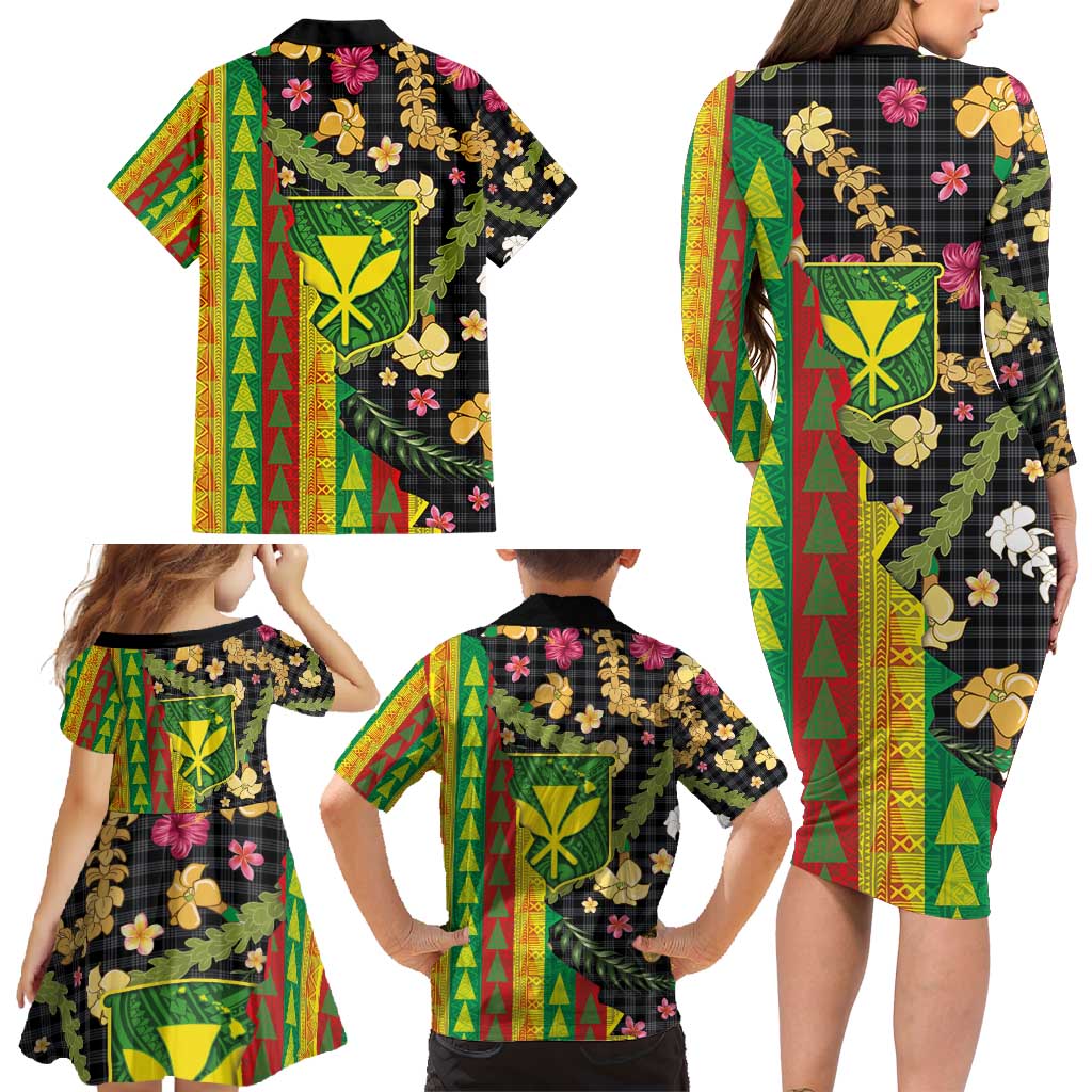 Hawaiian Tropical Plants Lei Family Matching Long Sleeve Bodycon Dress and Hawaiian Shirt Kanaka Maoli Tribal with Palaka Motifs - Polynesian Pride