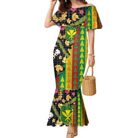 Hawaiian Tropical Plants Lei Family Matching Mermaid Dress and Hawaiian Shirt Kanaka Maoli Tribal with Palaka Motifs - Polynesian Pride
