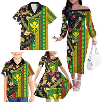 Hawaiian Tropical Plants Lei Family Matching Off The Shoulder Long Sleeve Dress and Hawaiian Shirt Kanaka Maoli Tribal with Palaka Motifs - Polynesian Pride