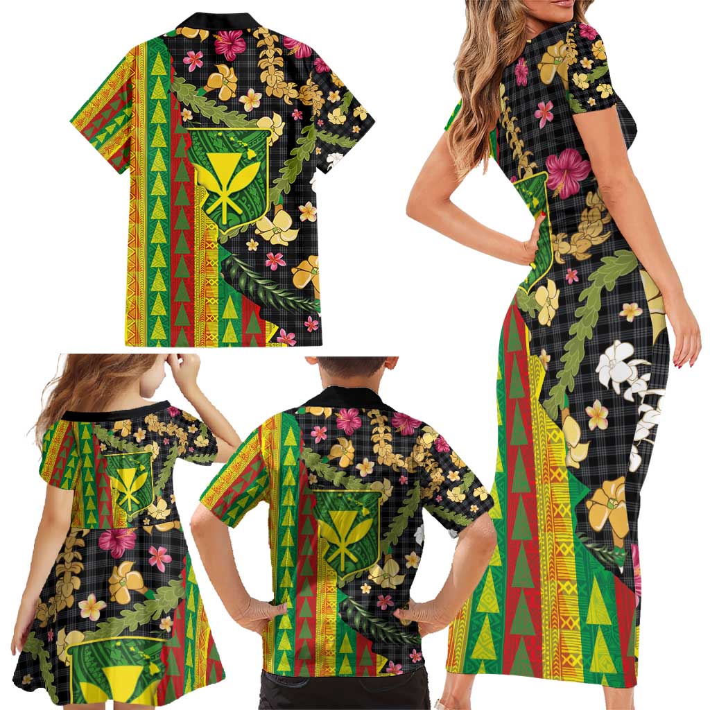 Hawaiian Tropical Plants Lei Family Matching Short Sleeve Bodycon Dress and Hawaiian Shirt Kanaka Maoli Tribal with Palaka Motifs - Polynesian Pride