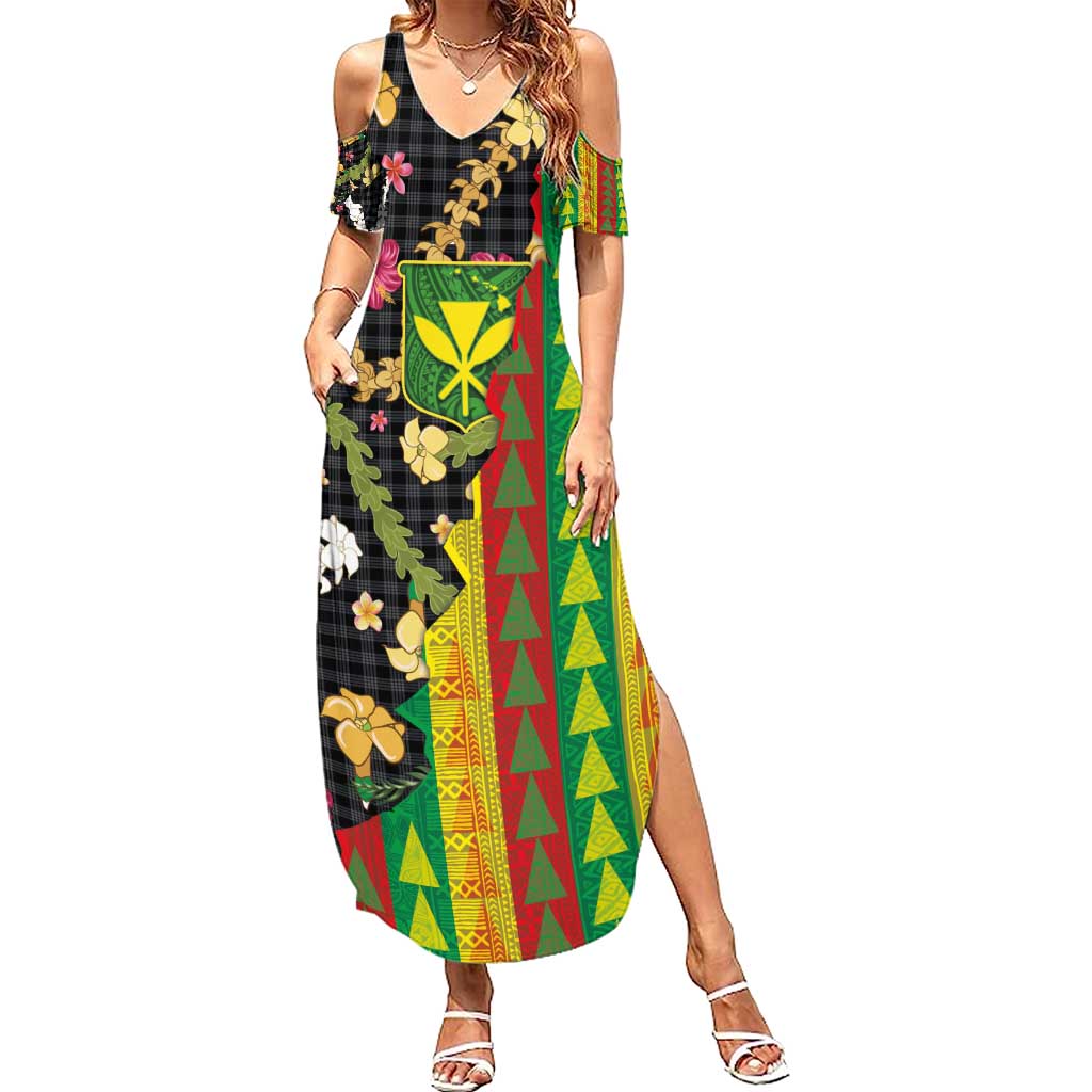 Hawaiian Tropical Plants Lei Family Matching Summer Maxi Dress and Hawaiian Shirt Kanaka Maoli Tribal with Palaka Motifs - Polynesian Pride