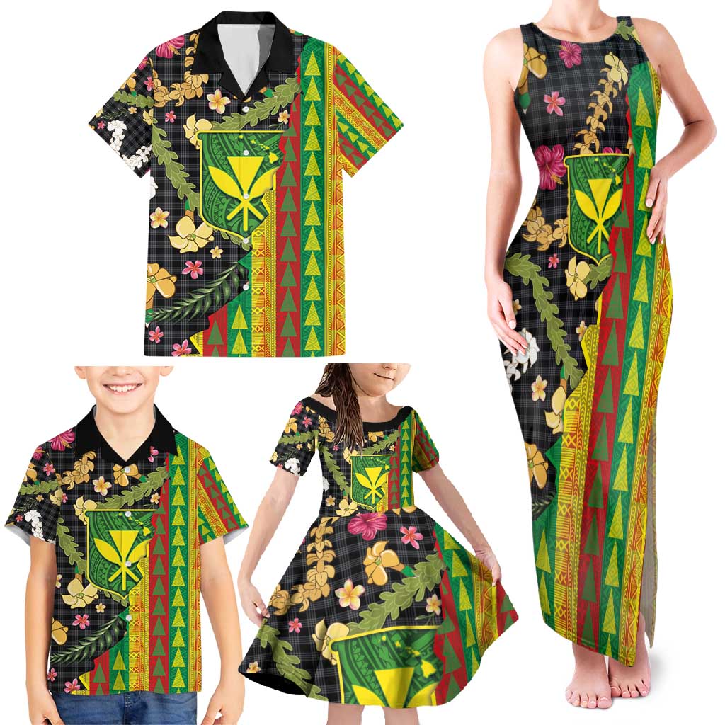 Hawaiian Tropical Plants Lei Family Matching Tank Maxi Dress and Hawaiian Shirt Kanaka Maoli Tribal with Palaka Motifs - Polynesian Pride