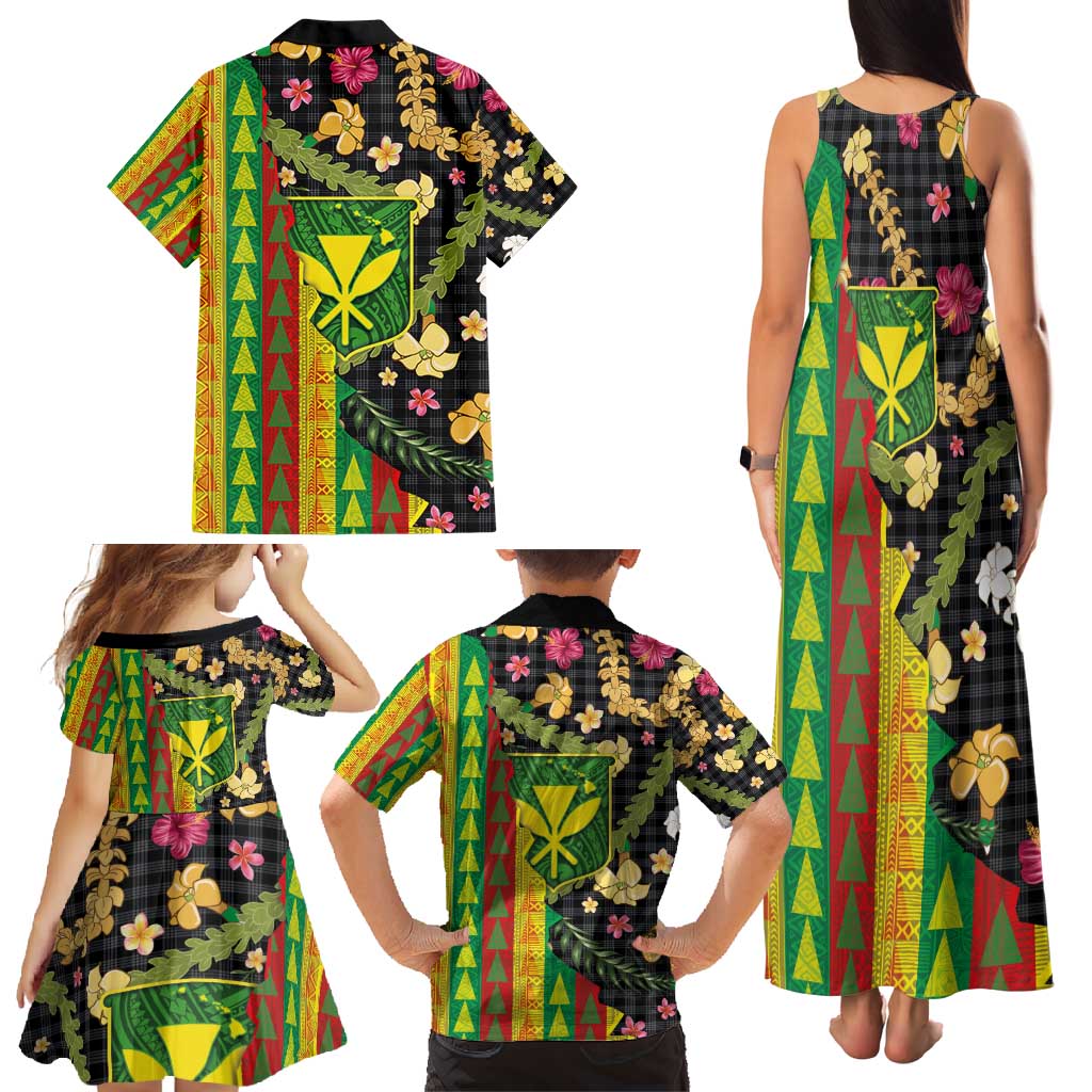 Hawaiian Tropical Plants Lei Family Matching Tank Maxi Dress and Hawaiian Shirt Kanaka Maoli Tribal with Palaka Motifs - Polynesian Pride