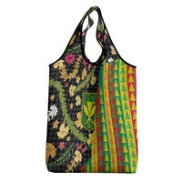 Hawaiian Tropical Plants Lei Grocery Bag Kanaka Maoli Tribal with Palaka Motifs - Polynesian Pride