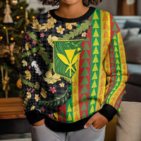 Hawaiian Tropical Plants Lei Kid Ugly Christmas Sweater Kanaka Maoli Tribal with Palaka Motifs - Polynesian Pride