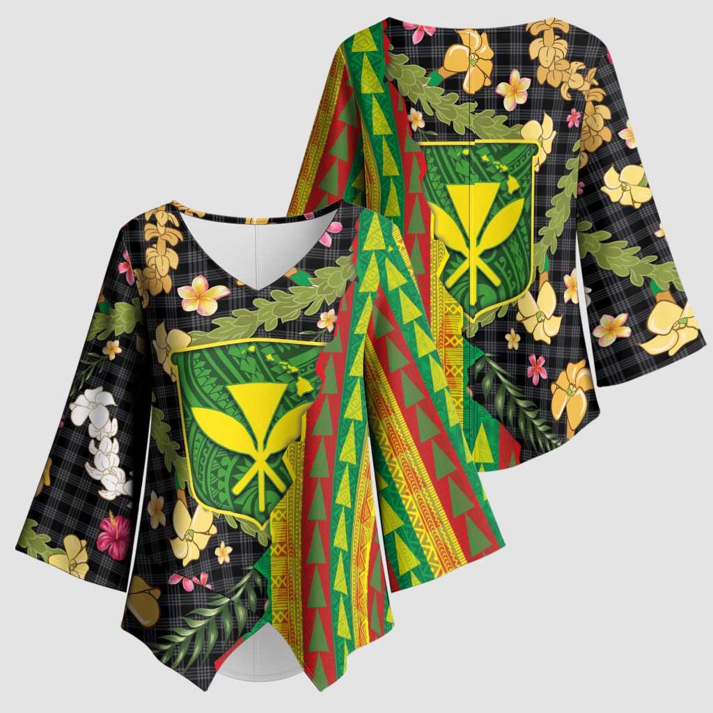 Hawaiian Tropical Plants Lei Kimono Sleeve Blouse Kanaka Maoli Tribal with Palaka Motifs - Polynesian Pride