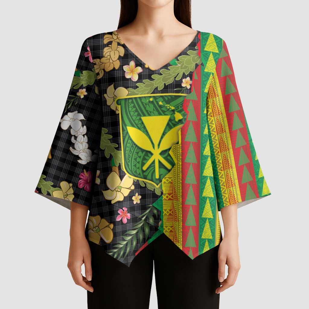 Hawaiian Tropical Plants Lei Kimono Sleeve Blouse Kanaka Maoli Tribal with Palaka Motifs - Polynesian Pride