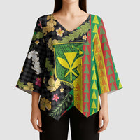 Hawaiian Tropical Plants Lei Kimono Sleeve Blouse Kanaka Maoli Tribal with Palaka Motifs - Polynesian Pride