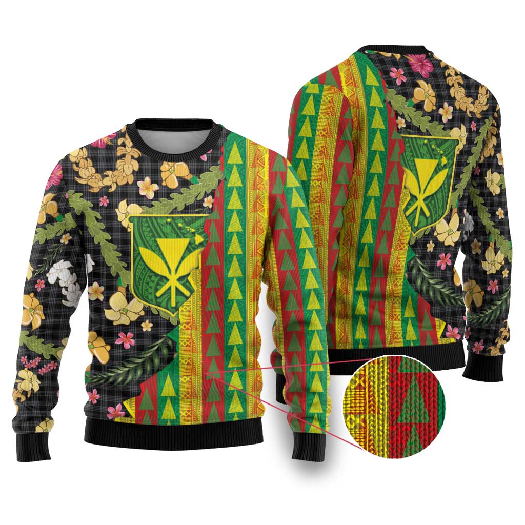 Hawaiian Tropical Plants Lei Ugly Christmas Sweater Kanaka Maoli Tribal with Palaka Motifs - Polynesian Pride