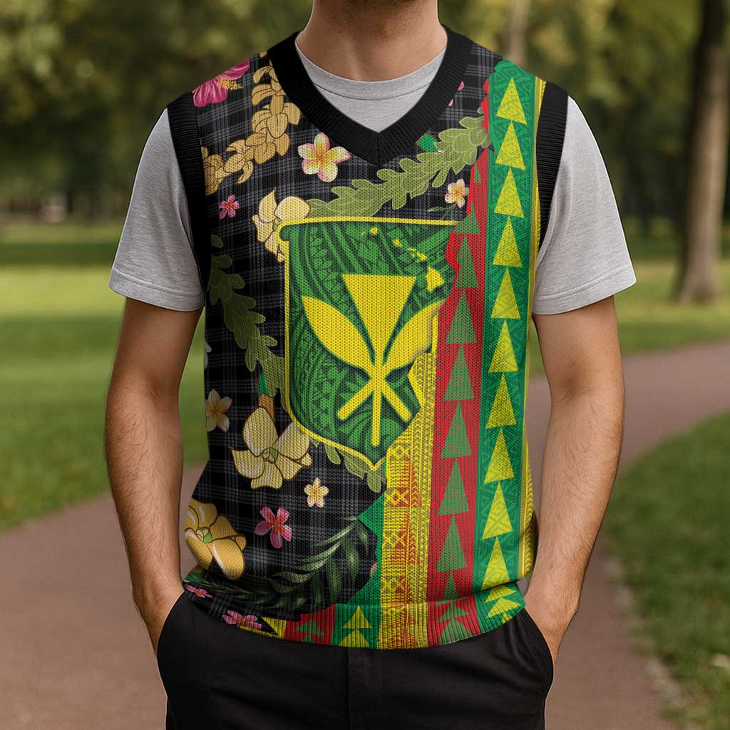Hawaiian Tropical Plants Lei Christmas Knitted V-Neck Vest Kanaka Maoli Tribal with Palaka Motifs - Polynesian Pride