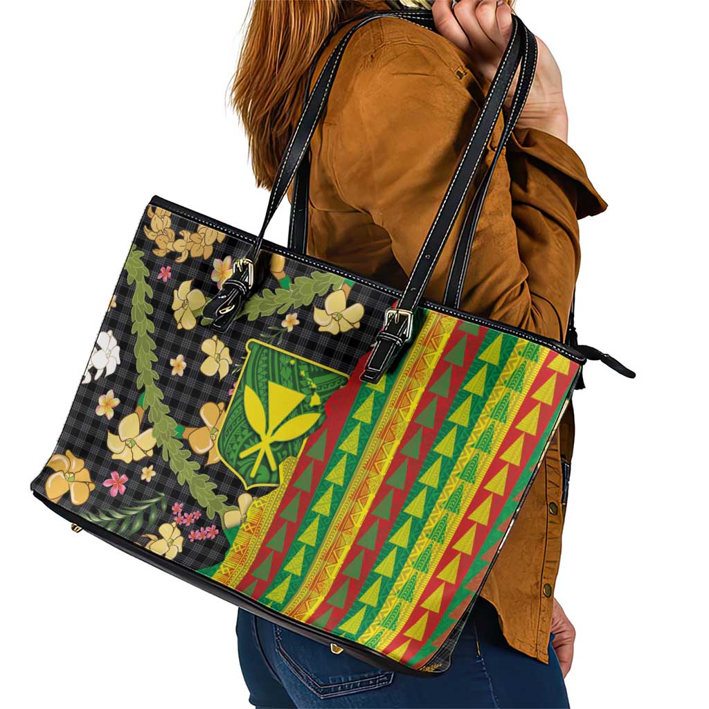 Hawaiian Tropical Plants Lei Leather Tote Bag Kanaka Maoli Tribal with Palaka Motifs - Polynesian Pride