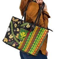 Hawaiian Tropical Plants Lei Leather Tote Bag Kanaka Maoli Tribal with Palaka Motifs - Polynesian Pride