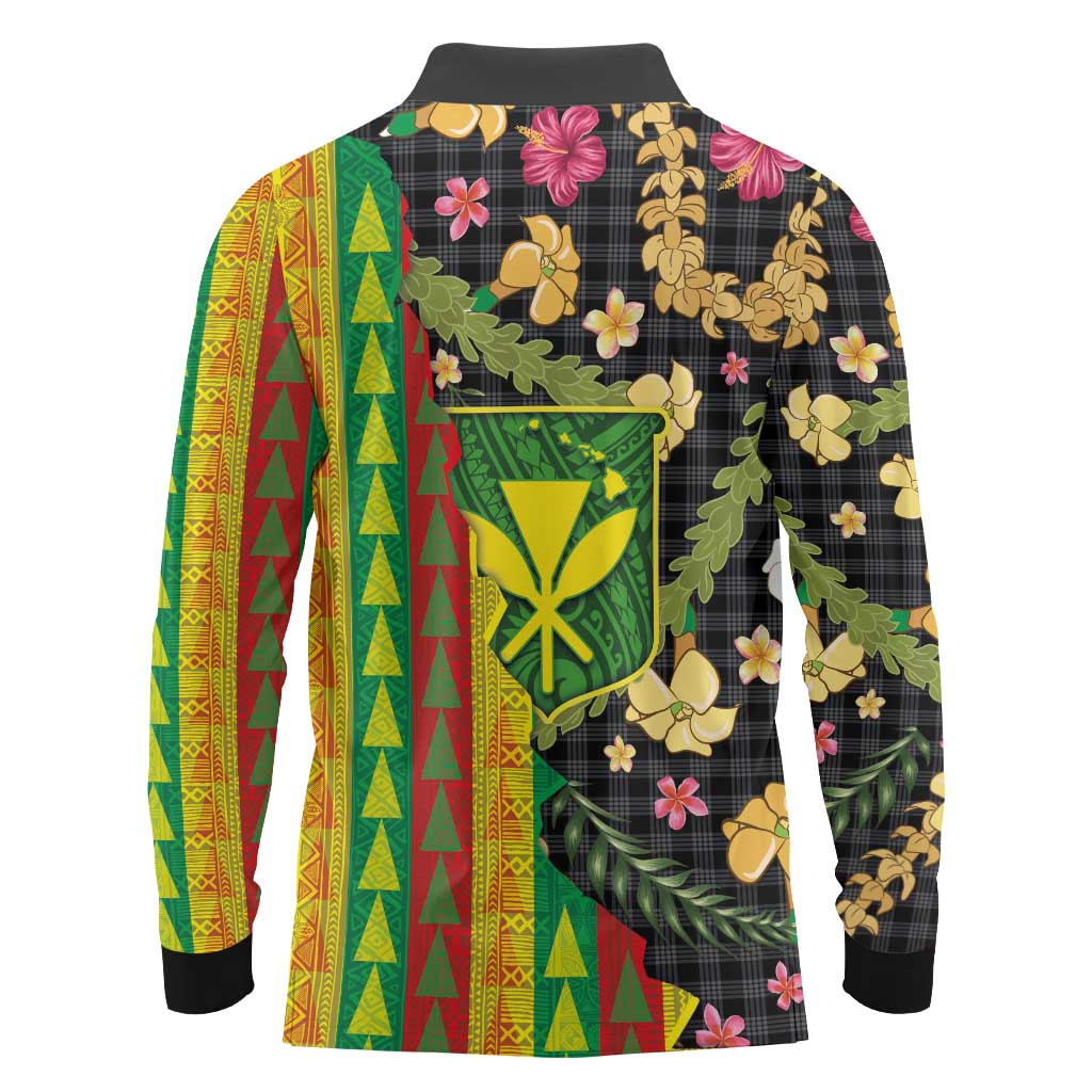 Hawaiian Tropical Plants Lei Long Sleeve Polo Shirt Kanaka Maoli Tribal with Palaka Motifs - Polynesian Pride