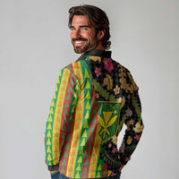Hawaiian Tropical Plants Lei Long Sleeve Polo Shirt Kanaka Maoli Tribal with Palaka Motifs - Polynesian Pride