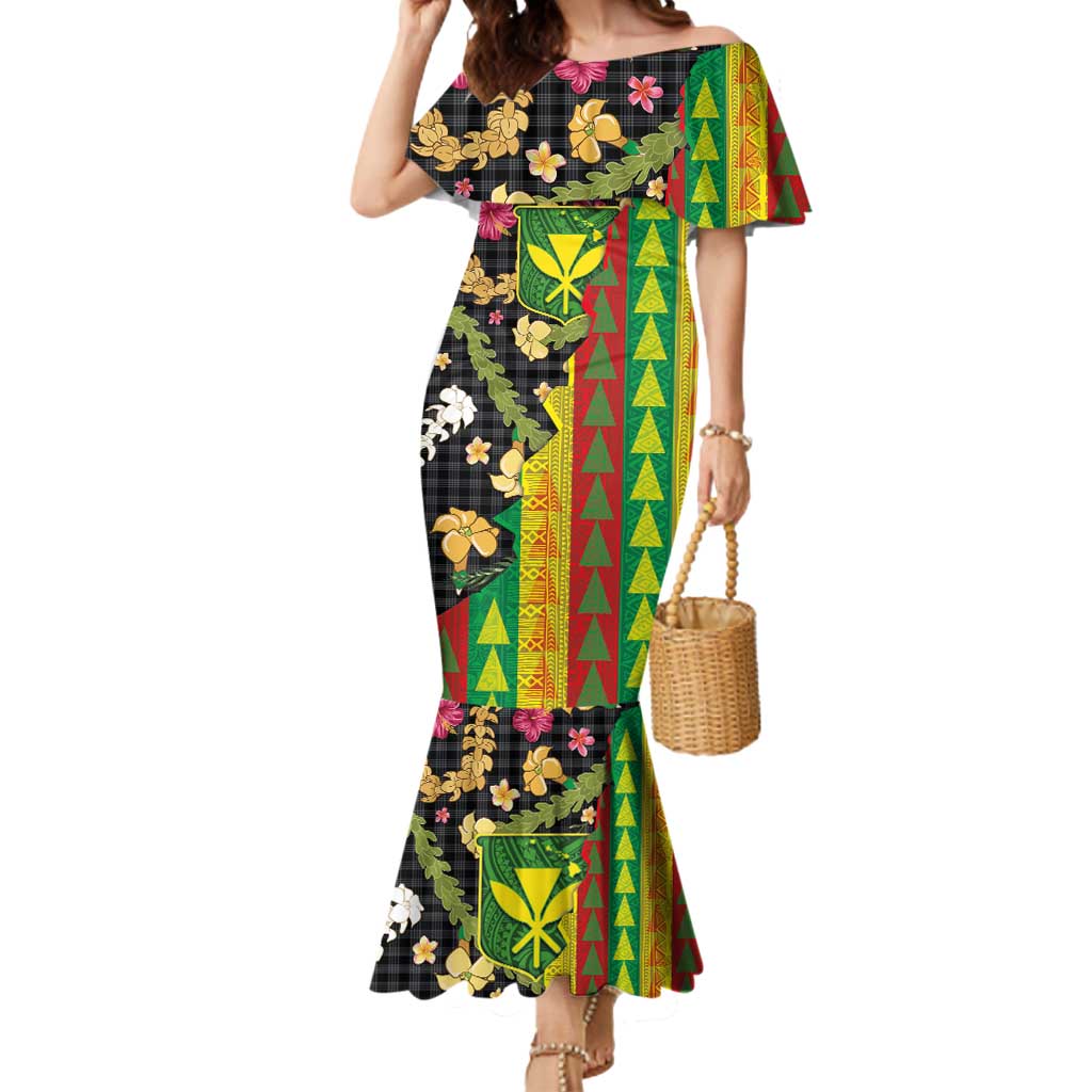 Hawaiian Tropical Plants Lei Mermaid Dress Kanaka Maoli Tribal with Palaka Motifs - Polynesian Pride