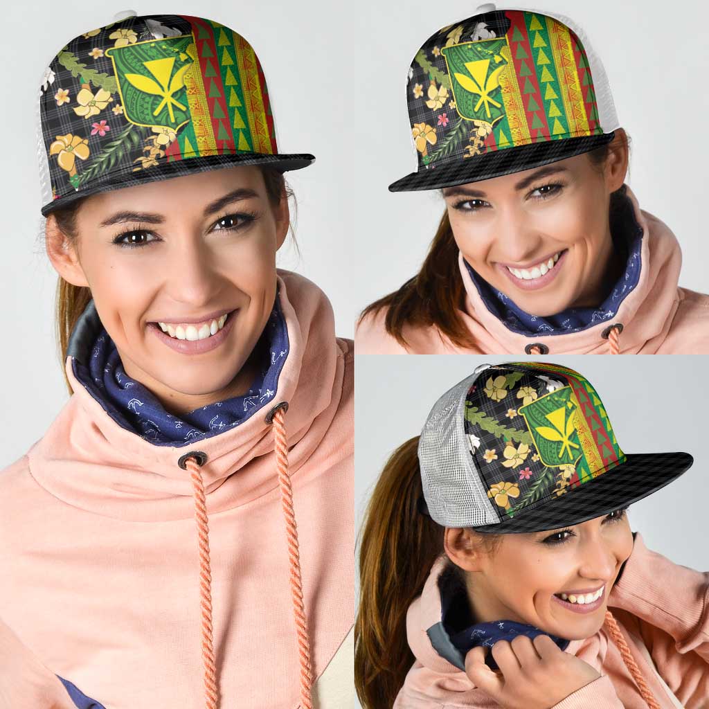 Hawaiian Tropical Plants Lei Mesh Trucker Cap Kanaka Maoli Tribal with Palaka Motifs - Polynesian Pride