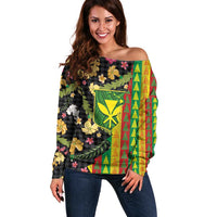 Hawaiian Tropical Plants Lei Off Shoulder Sweater Kanaka Maoli Tribal with Palaka Motifs - Polynesian Pride