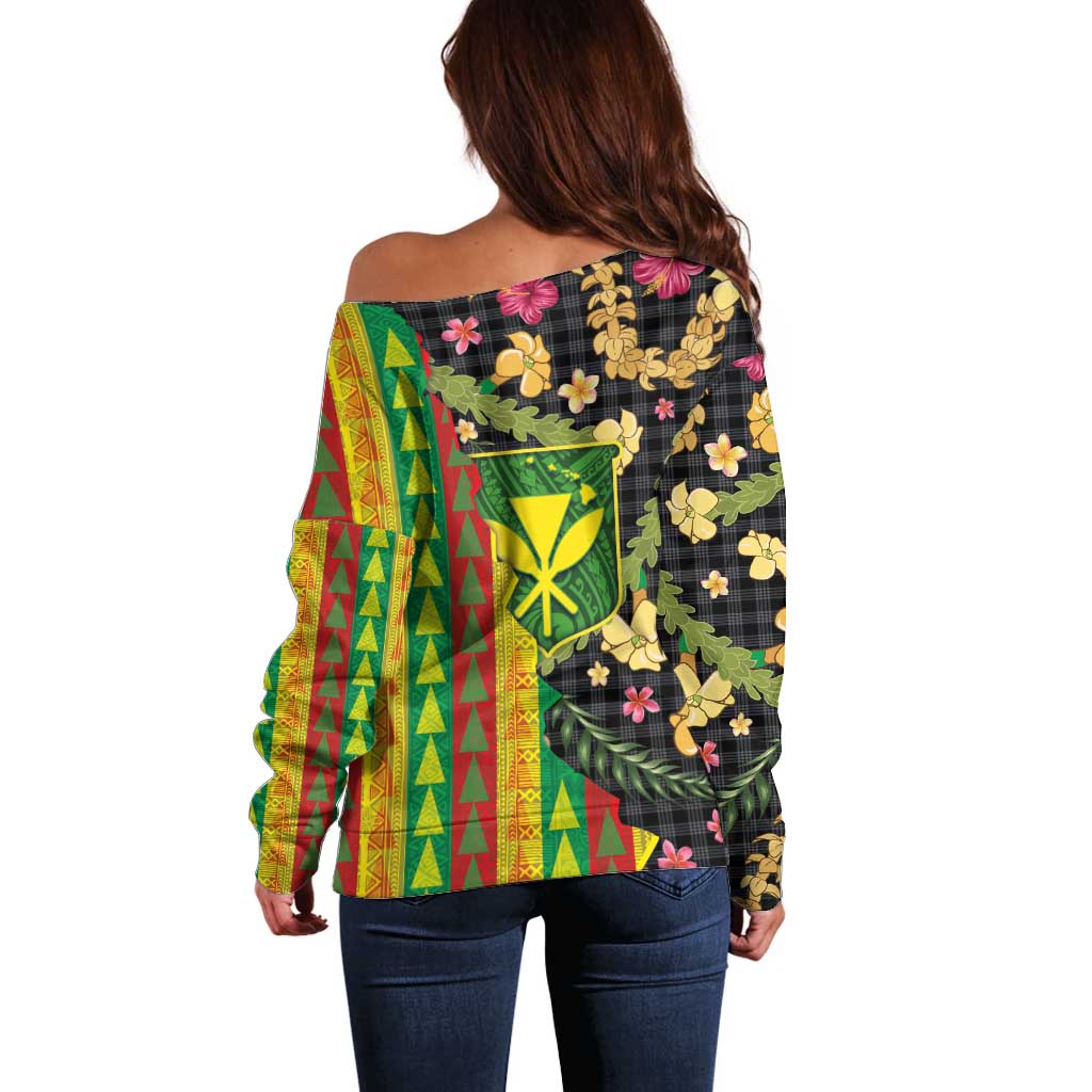 Hawaiian Tropical Plants Lei Off Shoulder Sweater Kanaka Maoli Tribal with Palaka Motifs - Polynesian Pride