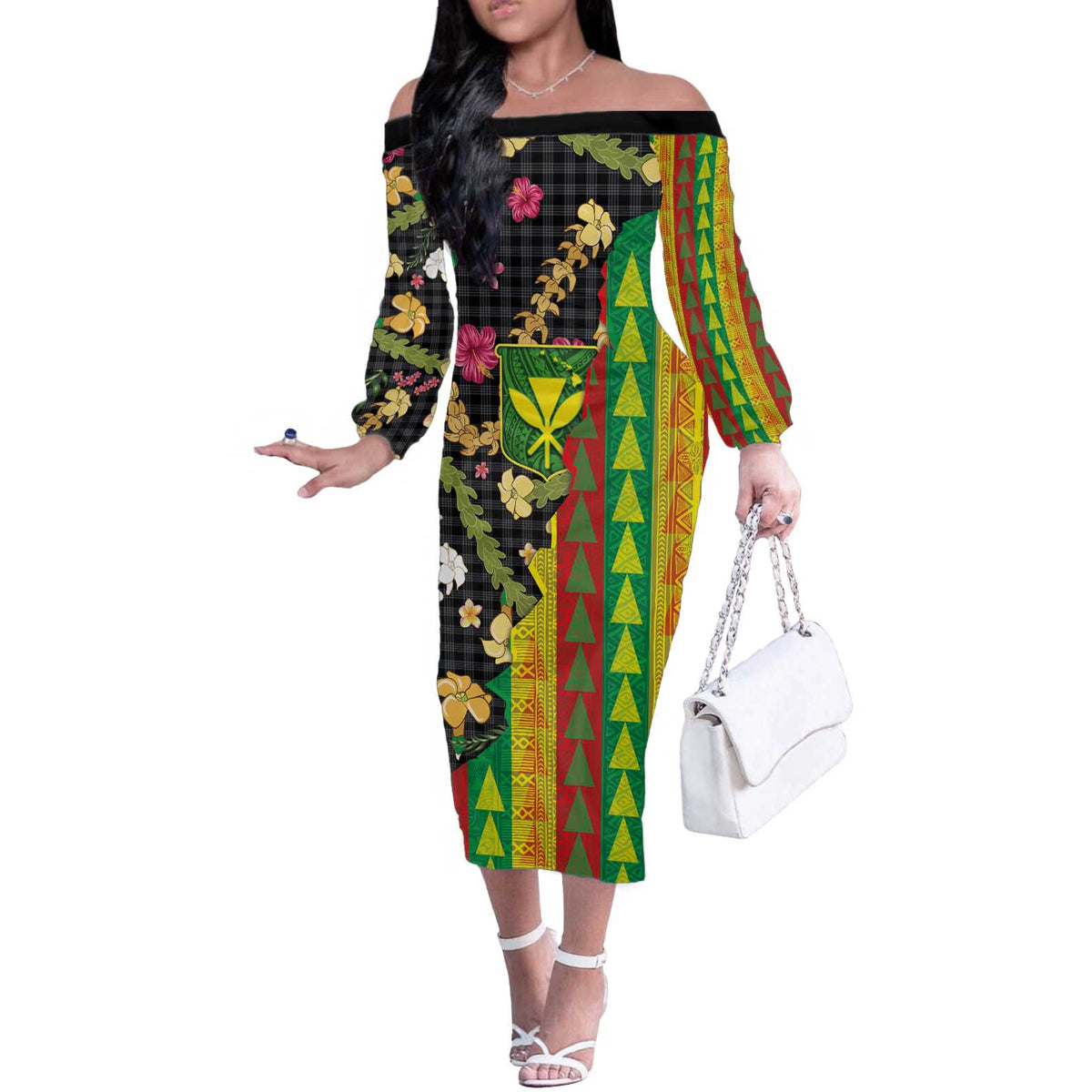 Hawaiian Tropical Plants Lei Off The Shoulder Long Sleeve Dress Kanaka Maoli Tribal with Palaka Motifs - Polynesian Pride