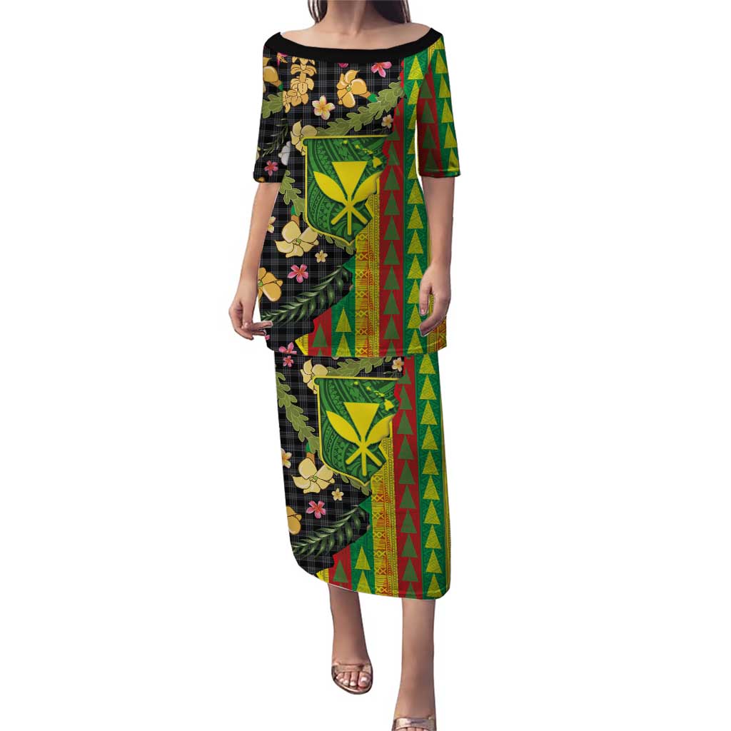 Hawaiian Tropical Plants Lei Puletasi Kanaka Maoli Tribal with Palaka Motifs LT03 Long Dress Multicolor - Polynesian Pride