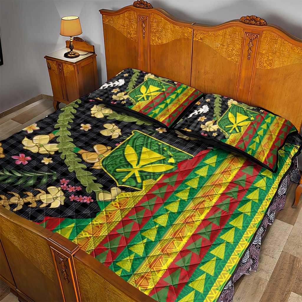 Hawaiian Tropical Plants Lei Quilt Bed Set Kanaka Maoli Tribal with Palaka Motifs - Polynesian Pride