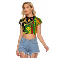 Hawaiian Tropical Plants Lei Raglan Cropped T Shirt Kanaka Maoli Tribal with Palaka Motifs - Polynesian Pride