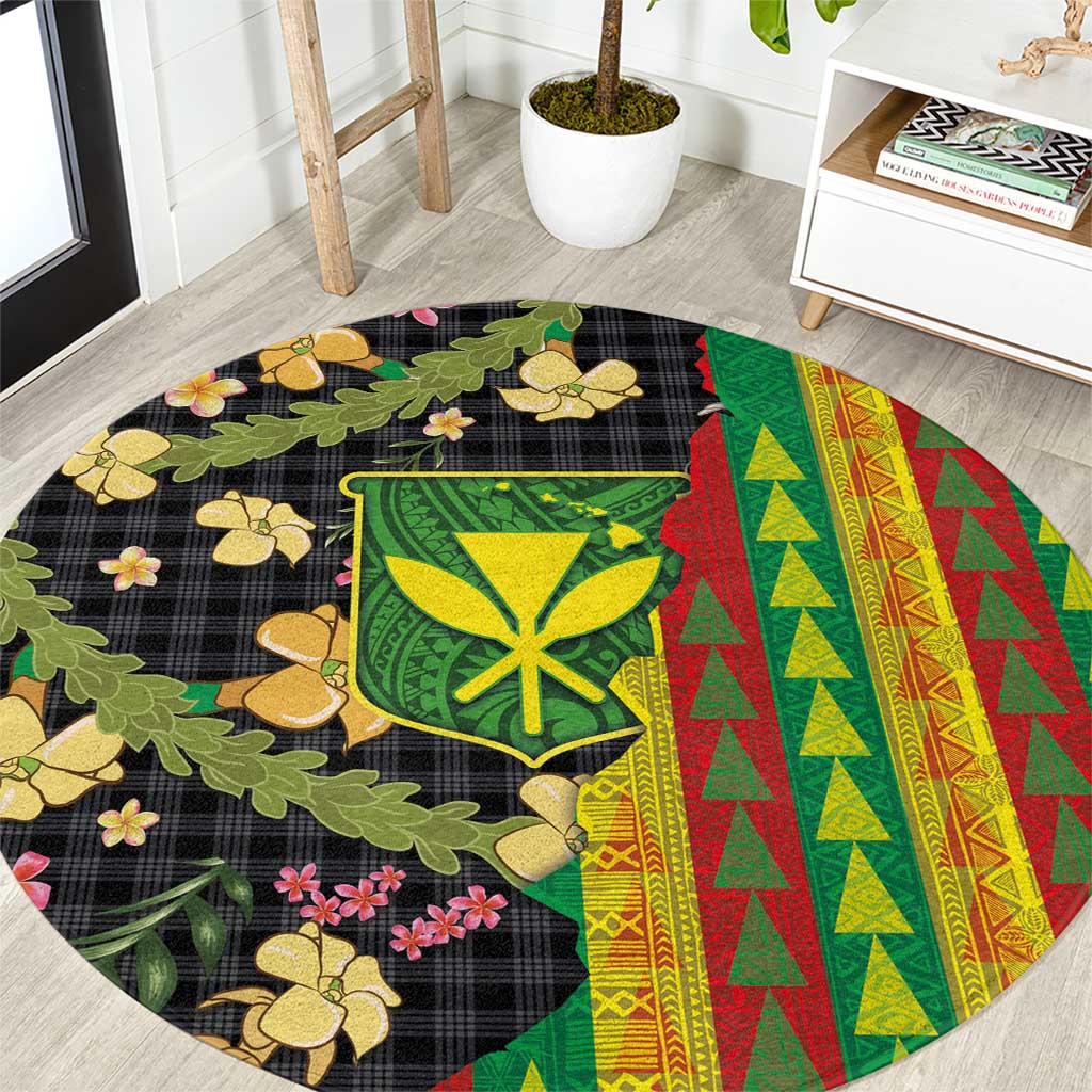 Hawaiian Tropical Plants Lei Round Carpet Kanaka Maoli Tribal with Palaka Motifs - Polynesian Pride