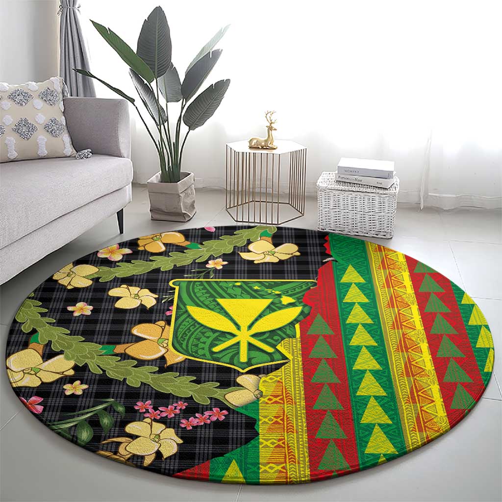 Hawaiian Tropical Plants Lei Round Carpet Kanaka Maoli Tribal with Palaka Motifs - Polynesian Pride
