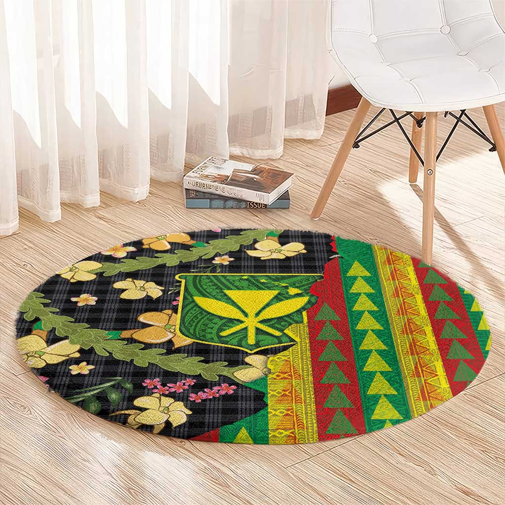 Hawaiian Tropical Plants Lei Round Carpet Kanaka Maoli Tribal with Palaka Motifs - Polynesian Pride