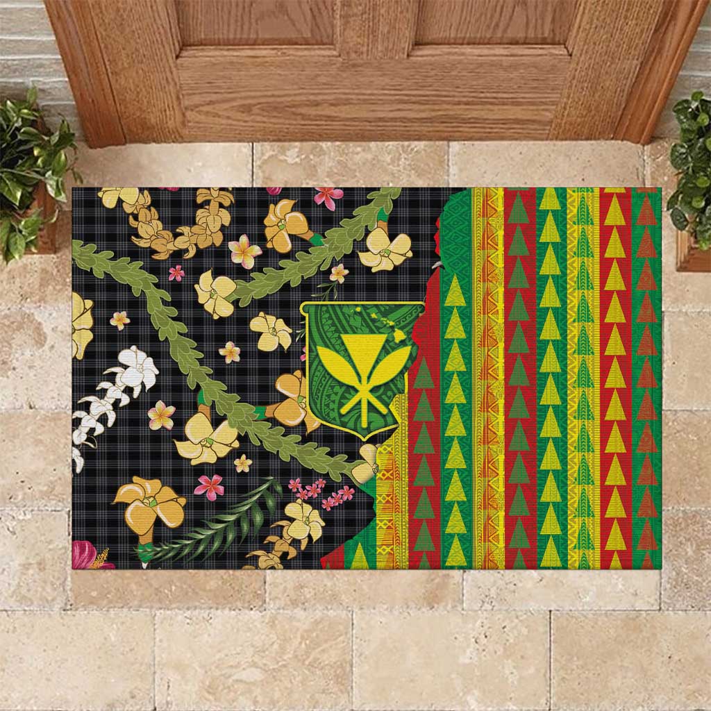 Hawaiian Tropical Plants Lei Rubber Doormat Kanaka Maoli Tribal with Palaka Motifs - Polynesian Pride