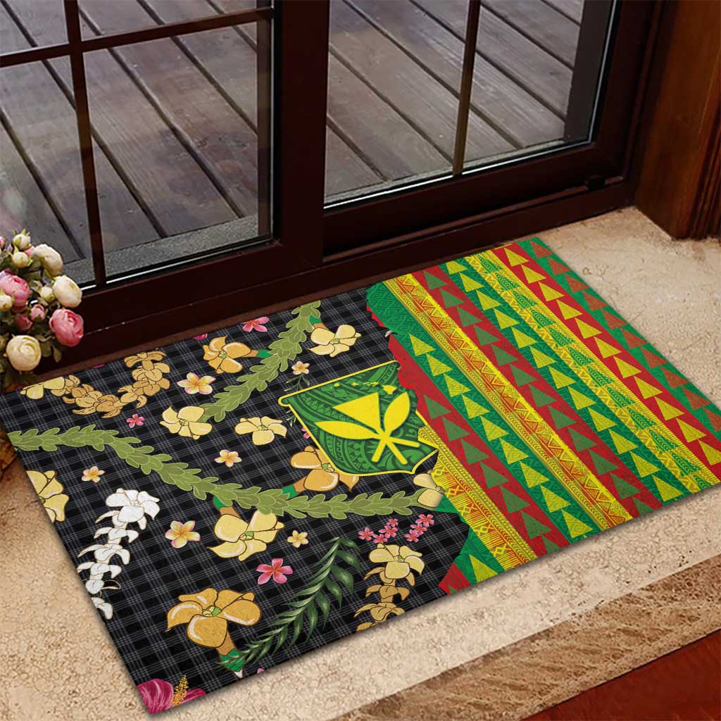 Hawaiian Tropical Plants Lei Rubber Doormat Kanaka Maoli Tribal with Palaka Motifs - Polynesian Pride