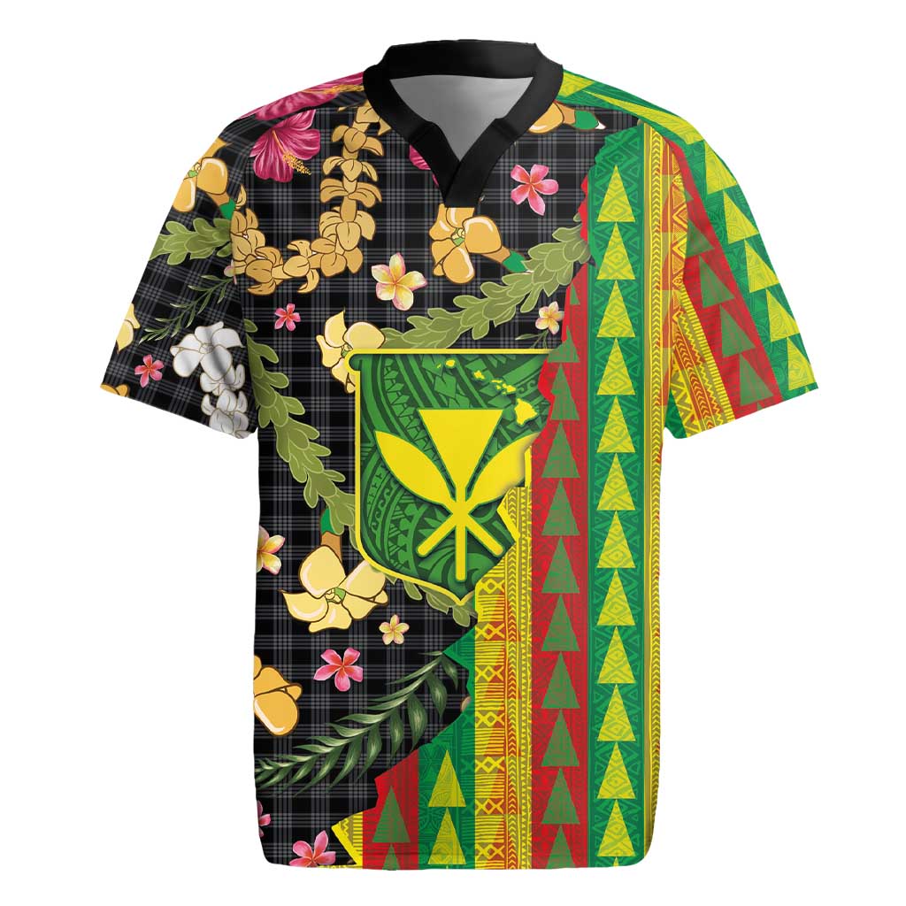 Hawaiian Tropical Plants Lei Rugby Jersey Kanaka Maoli Tribal with Palaka Motifs - Polynesian Pride