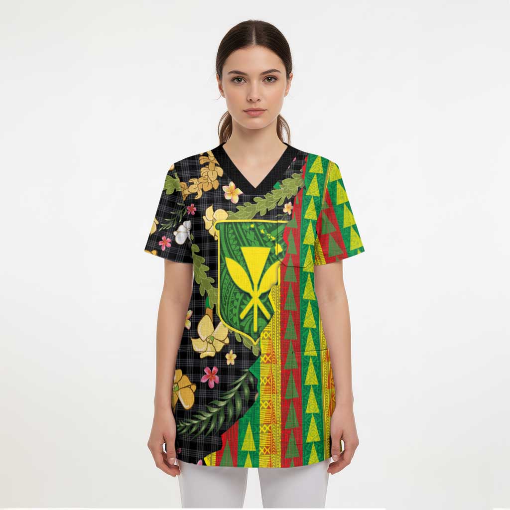 Hawaiian Tropical Plants Lei Scrub Top Kanaka Maoli Tribal with Palaka Motifs - Polynesian Pride