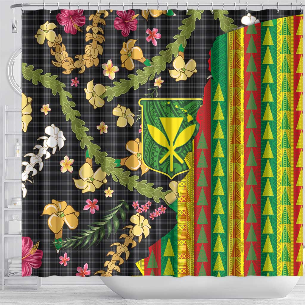Hawaiian Tropical Plants Lei Shower Curtain Kanaka Maoli Tribal with Palaka Motifs - Polynesian Pride