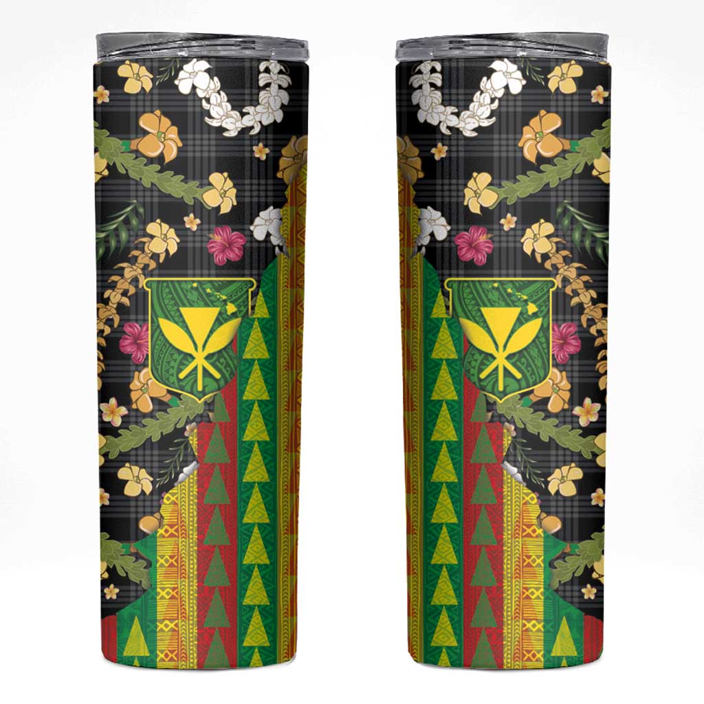 Hawaiian Tropical Plants Lei Skinny Tumbler Kanaka Maoli Tribal with Palaka Motifs - Polynesian Pride