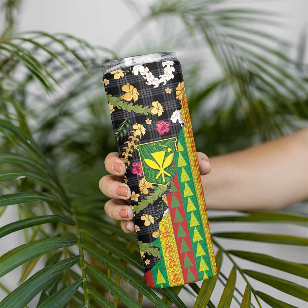 Hawaiian Tropical Plants Lei Skinny Tumbler Kanaka Maoli Tribal with Palaka Motifs - Polynesian Pride