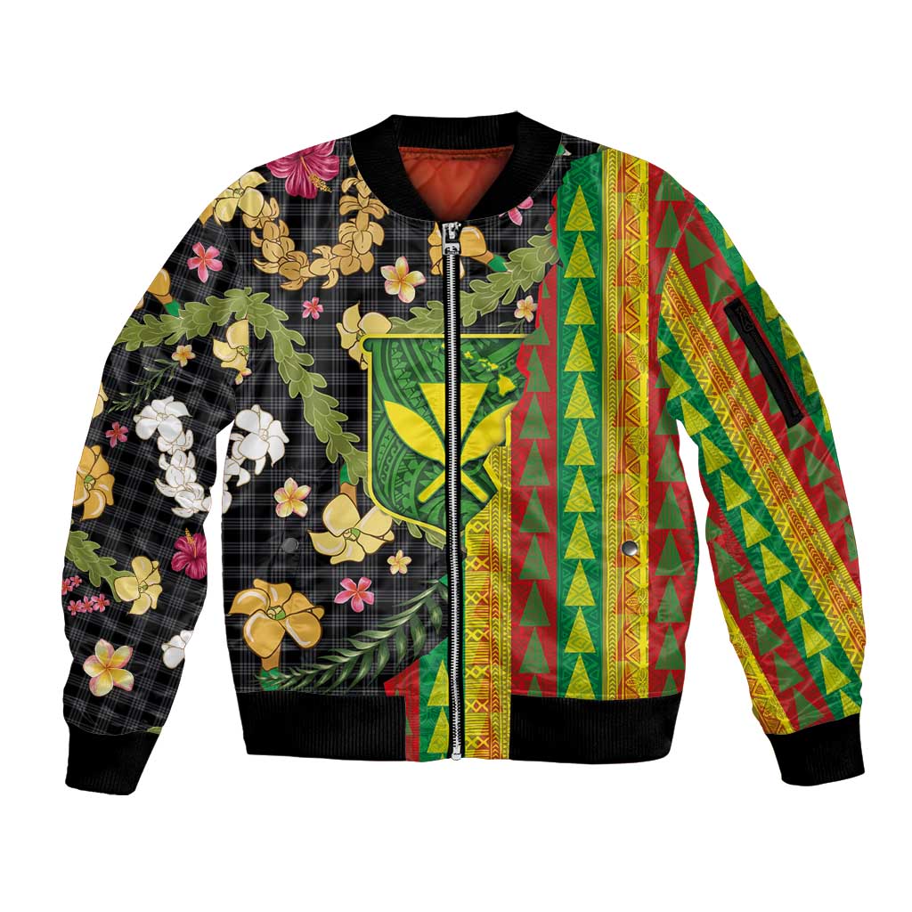 Hawaiian Tropical Plants Lei Sleeve Zip Bomber Jacket Kanaka Maoli Tribal with Palaka Motifs LT03 Unisex Multicolor - Polynesian Pride