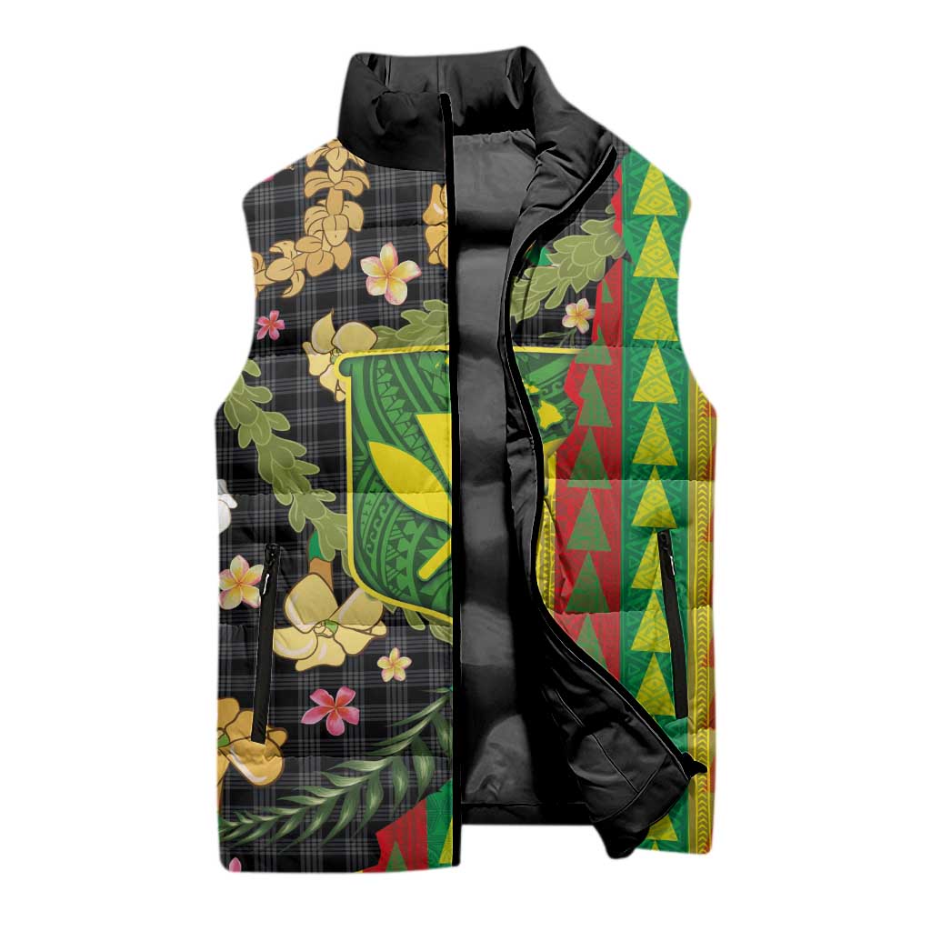 Hawaiian Tropical Plants Lei Sleeveless Puffer Jacket Kanaka Maoli Tribal with Palaka Motifs - Polynesian Pride