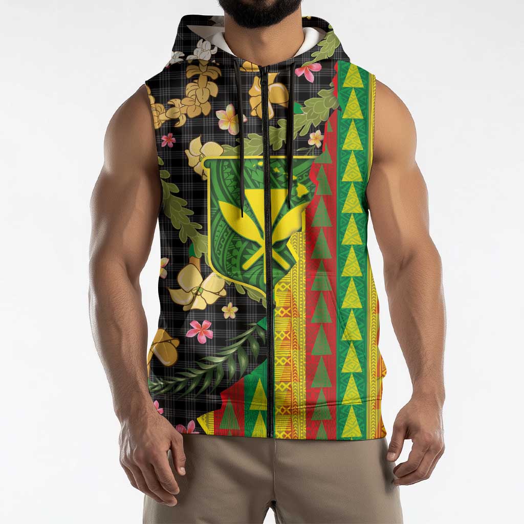 Hawaiian Tropical Plants Lei Sleeveless Zip Hoodie Kanaka Maoli Tribal with Palaka Motifs - Polynesian Pride
