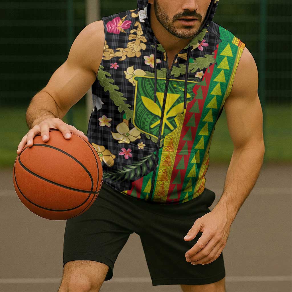 Hawaiian Tropical Plants Lei Sleeveless Zip Hoodie Kanaka Maoli Tribal with Palaka Motifs - Polynesian Pride